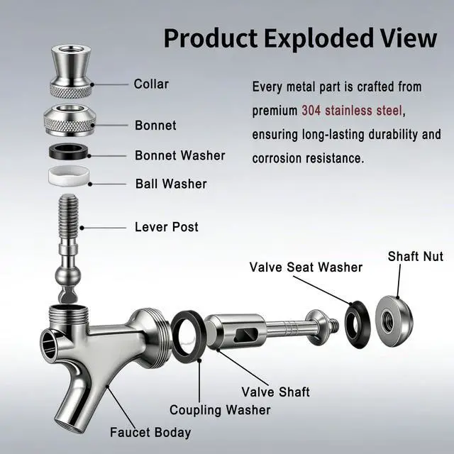 Alt view image 3 of 6 - 4 Sets All 304 Stainless Steel Beer Tap Faucet Kit - Draft Beer Dispenser with Handle, Spout Cover & Cleaning Brush for Kegerator Home Bar (All Stainless Steel Construction) (4)