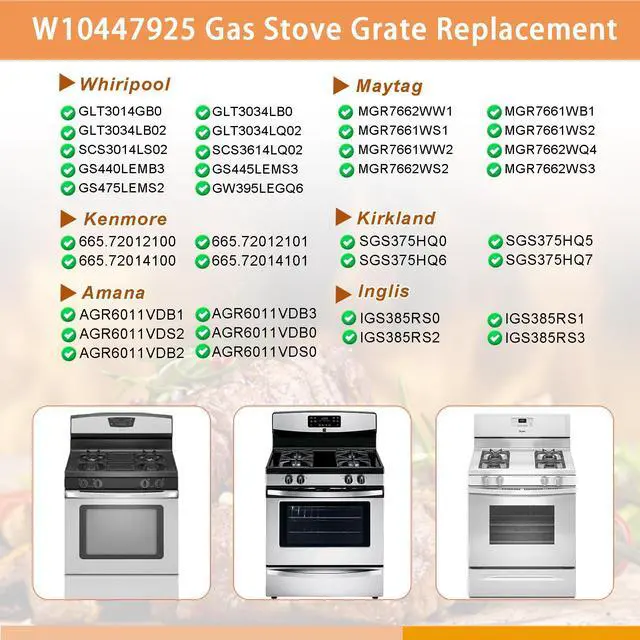 Alt view image 3 of 6 - W10447925 Stove Grates Replacement for Whirlpool Stove Top, Gas Burner Range Grate for Maytag Amana Inglis Kirkland Cooktop Parts, Range Surface Grate Cast Iron Oven Grates Burner Rack Sets 4 Pack
