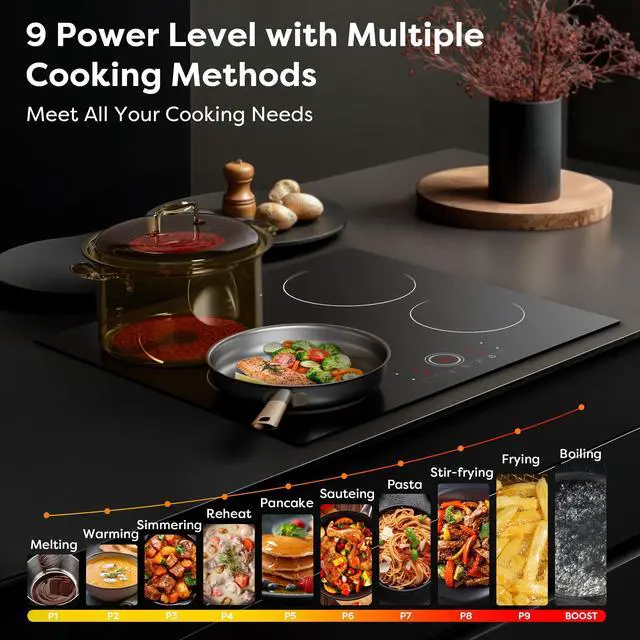 Alt view image 2 of 6 - 24 Inch Electric Cooktop 4 Burners 6000W Touch Control | Built-in Ceramic Radiant Stove Top, 9 Heat Levels, 220-240V Hard Wire, Touch Control, Child Lock & Overheat Protection