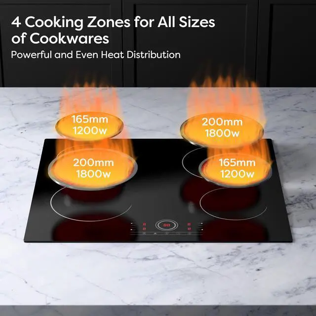 Alt view image 3 of 6 - 24 Inch Electric Cooktop 4 Burners 6000W Touch Control | Built-in Ceramic Radiant Stove Top, 9 Heat Levels, 220-240V Hard Wire, Touch Control, Child Lock & Overheat Protection
