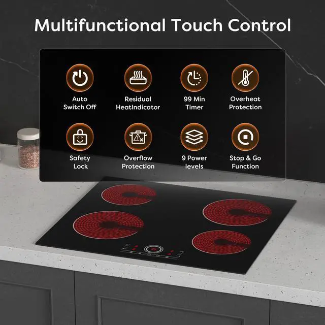 Alt view image 4 of 6 - 24 Inch Electric Cooktop 4 Burners 6000W Touch Control | Built-in Ceramic Radiant Stove Top, 9 Heat Levels, 220-240V Hard Wire, Touch Control, Child Lock & Overheat Protection
