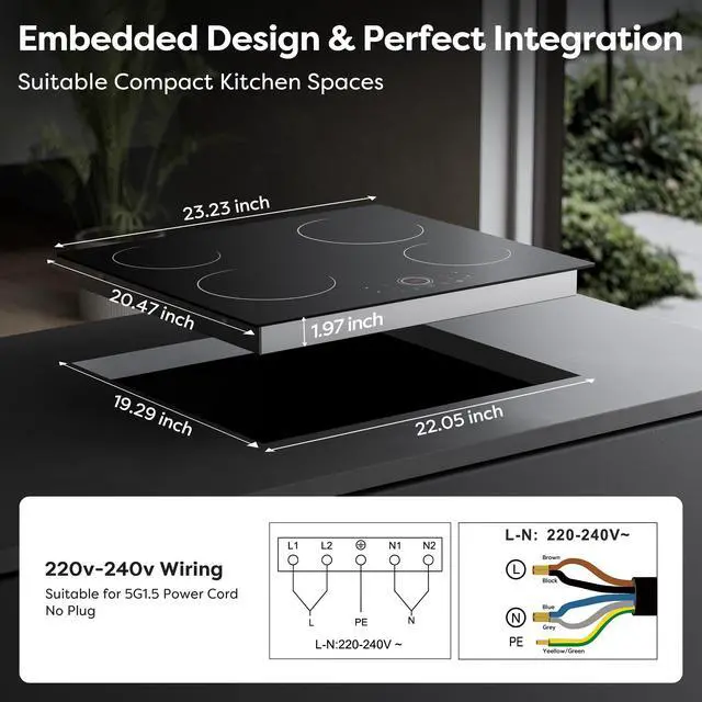 Alt view image 6 of 6 - 24 Inch Electric Cooktop 4 Burners 6000W Touch Control | Built-in Ceramic Radiant Stove Top, 9 Heat Levels, 220-240V Hard Wire, Touch Control, Child Lock & Overheat Protection