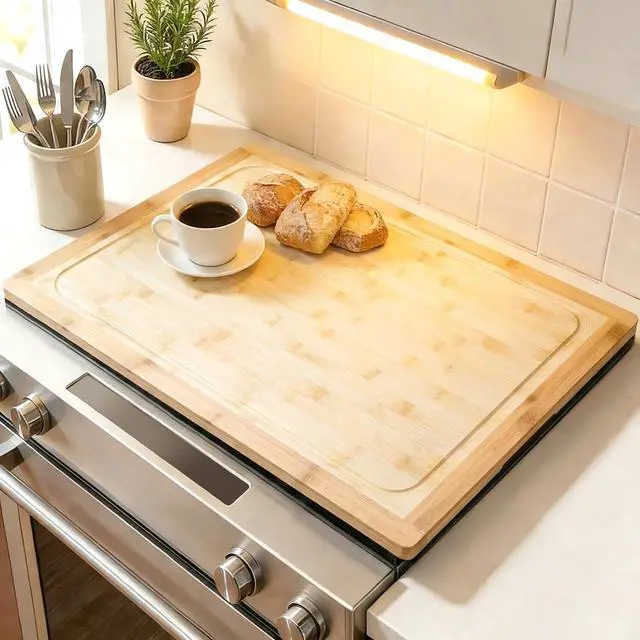Main image of Bamboo Stovetop Cover for Electric Stove & Gas Range, 27.56 x 19.69 In, Lightweight Stove Top Cover with Built-In Handles, Juice Groove & Smooth Flat Surface for Extra Counter Space