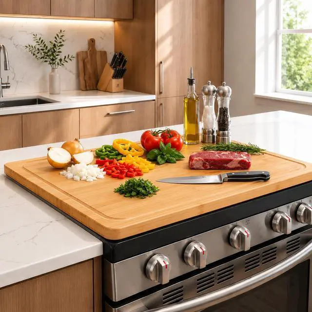 Alt view image 2 of 6 - Bamboo Stovetop Cover for Electric Stove & Gas Range, 27.56 x 19.69 In, Lightweight Stove Top Cover with Built-In Handles, Juice Groove & Smooth Flat Surface for Extra Counter Space