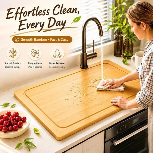 Alt view image 3 of 6 - Bamboo Stovetop Cover for Electric Stove & Gas Range, 27.56 x 19.69 In, Lightweight Stove Top Cover with Built-In Handles, Juice Groove & Smooth Flat Surface for Extra Counter Space