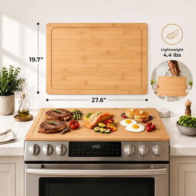 Alt view image 6 of 6 - Bamboo Stovetop Cover for Electric Stove & Gas Range, 27.56 x 19.69 In, Lightweight Stove Top Cover with Built-In Handles, Juice Groove & Smooth Flat Surface for Extra Counter Space