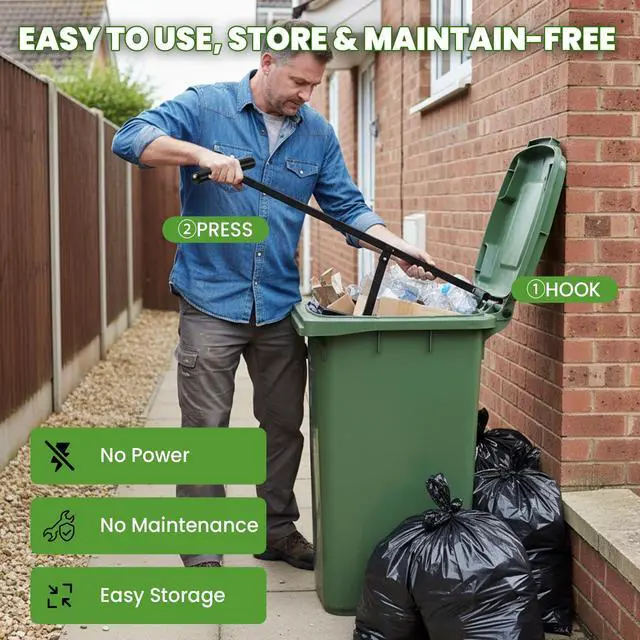 Alt view image 6 of 6 - NEWRTY Manual Trash Compactor Plus for 360L Wheelie Bin, Adjustable Depth | 3-level Depth with Spring-Ball Lock, Rotating 38×51cm Plate, Heavy-Duty Steel Construction, Easy Waste Compression, Outdoor