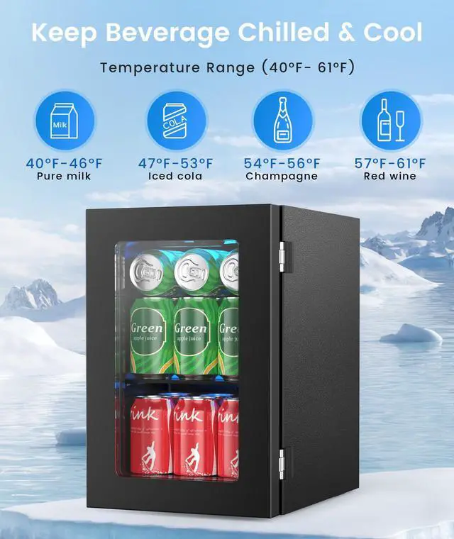 Alt view image 2 of 6 - 18L Beverage Refrigerator Cooler, 24Can Mini Fridge with Glass Door, Quiet Compressor, Countertop Small Fridge with 40-61 Digital Electronic Temperature Control, LED Lgiht for Home and Bar