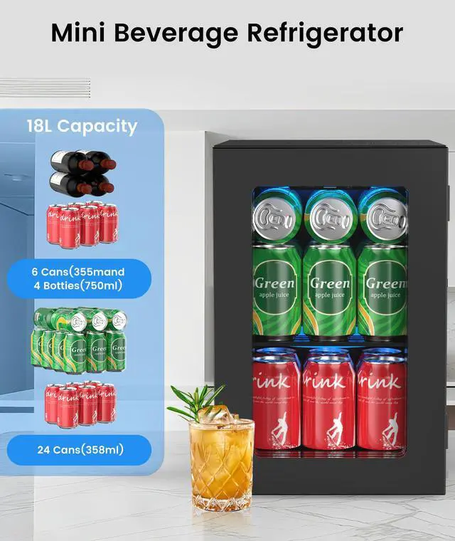 Alt view image 3 of 6 - 18L Beverage Refrigerator Cooler, 24Can Mini Fridge with Glass Door, Quiet Compressor, Countertop Small Fridge with 40-61 Digital Electronic Temperature Control, LED Lgiht for Home and Bar