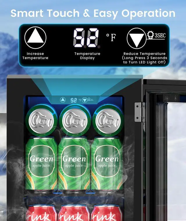 Alt view image 4 of 6 - 18L Beverage Refrigerator Cooler, 24Can Mini Fridge with Glass Door, Quiet Compressor, Countertop Small Fridge with 40-61 Digital Electronic Temperature Control, LED Lgiht for Home and Bar