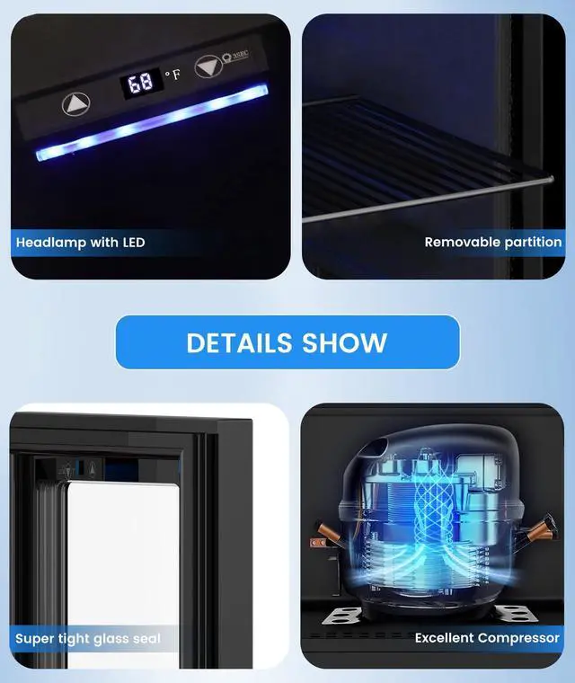 Alt view image 6 of 6 - 18L Beverage Refrigerator Cooler, 24Can Mini Fridge with Glass Door, Quiet Compressor, Countertop Small Fridge with 40-61 Digital Electronic Temperature Control, LED Lgiht for Home and Bar