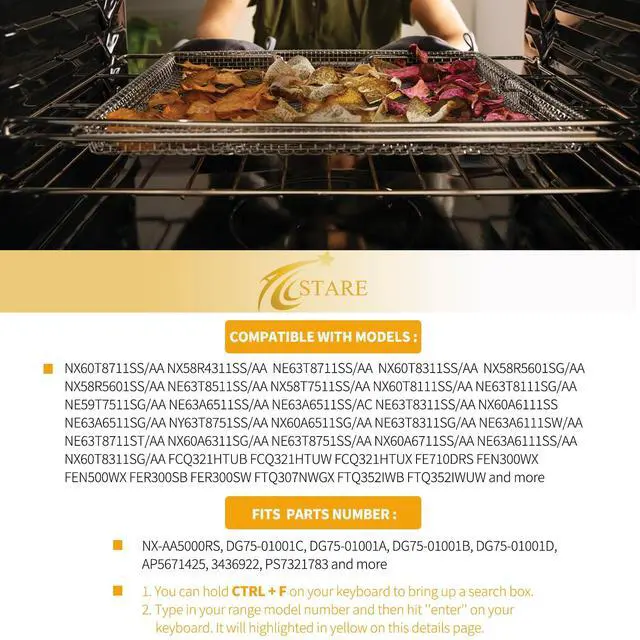 Alt view image 5 of 6 - NX-AA5000RS Air Fryer Tray Replacement for Samsung Oven Parts 24 3/4 x 16 1/2 304 Stainless Steel DG75-01001C Air Fryer Basket NX60T8111SS/AA NE63T8111SS/AA Samsung Air Fryer Rack 1 Set