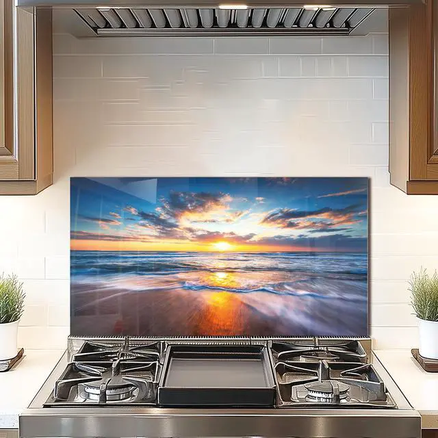 Alt view image 2 of 6 - Tempered Glass Backsplash for Kitchen,Sea Beach Design,30"x16" | Behind Stove Back Splash Panel Protector, Easy to Clean, Kitchen Wall Decorative