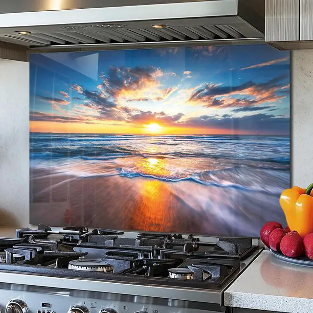 Alt view image 4 of 6 - Tempered Glass Backsplash for Kitchen,Sea Beach Design,30"x16" | Behind Stove Back Splash Panel Protector, Easy to Clean, Kitchen Wall Decorative