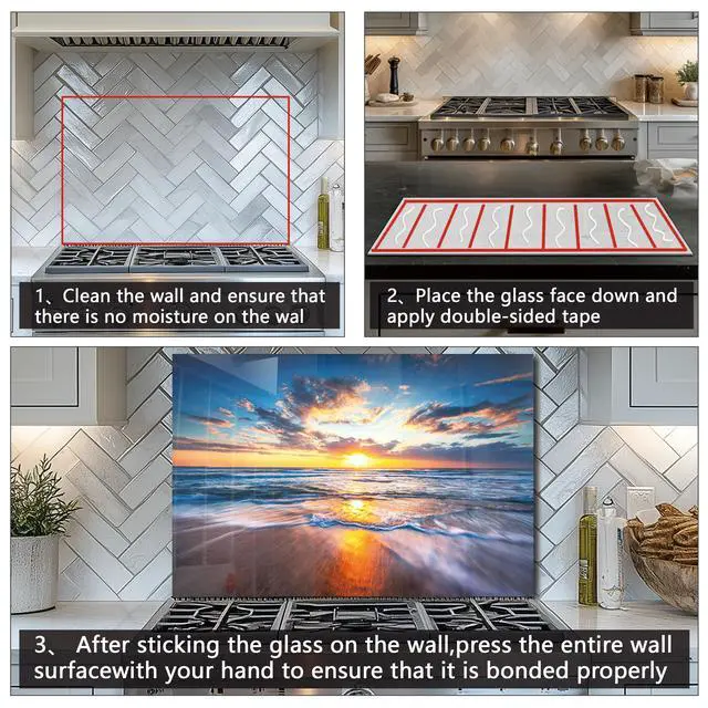 Alt view image 6 of 6 - Tempered Glass Backsplash for Kitchen,Sea Beach Design,30"x16" | Behind Stove Back Splash Panel Protector, Easy to Clean, Kitchen Wall Decorative