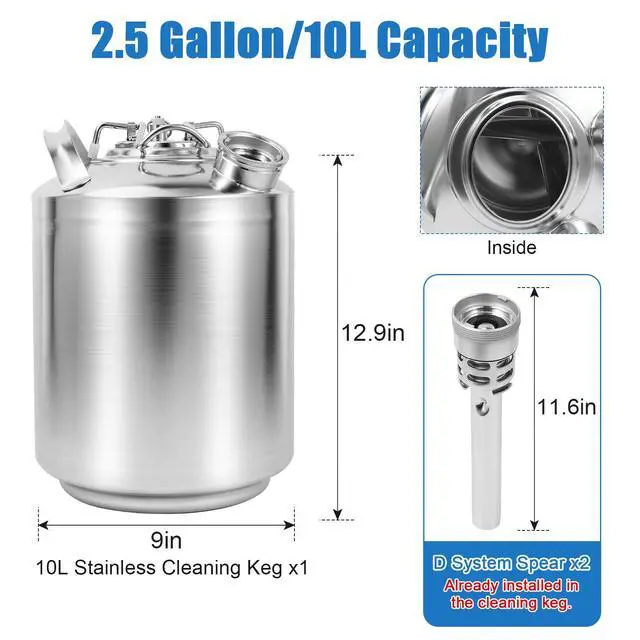 Alt view image 2 of 6 - 2.5 Gallon Stainless Beer Line Cleaning Keg Kegerator Line Cleaning Kit with 2 D Spears for D Coupler Mount, Efficient Keg Line Beer Line Cleaning Kit with Portable Handle for 2 HomeBrew Systems (10L)