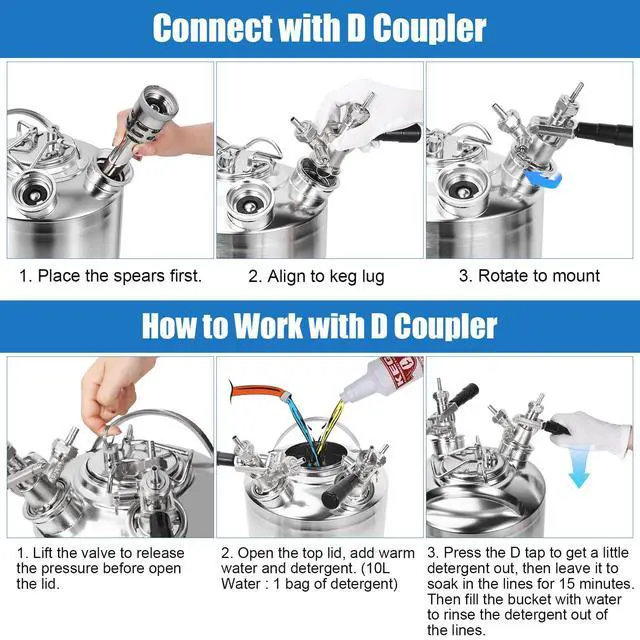 Alt view image 6 of 6 - 2.5 Gallon Stainless Beer Line Cleaning Keg Kegerator Line Cleaning Kit with 2 D Spears for D Coupler Mount, Efficient Keg Line Beer Line Cleaning Kit with Portable Handle for 2 HomeBrew Systems (10L)