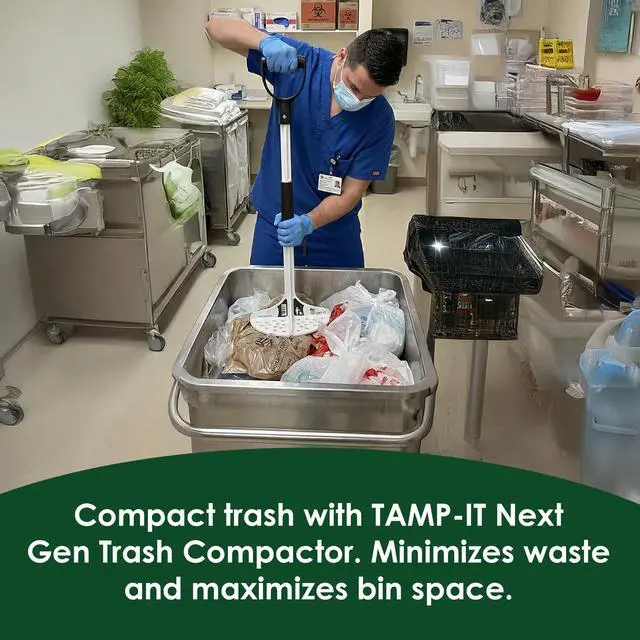 Alt view image 2 of 6 - Next Gen Manual Trash Compactor Heavy Duty Smasher Tool for Kitchen, Dumpster, Outdoor Use, Garbage Recycling, Steel Ground Tamper, Trash Can Compactor Tool, 22 x 7.5 Inches, White, D-Handle