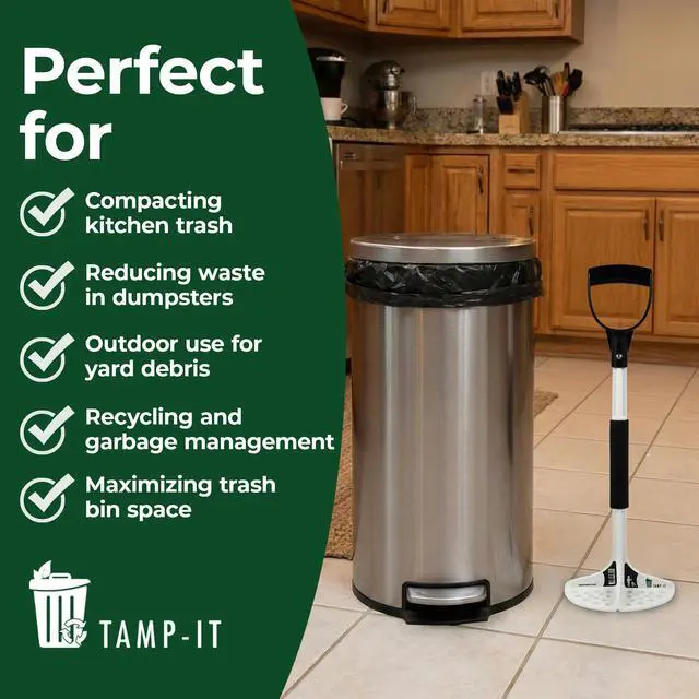 Alt view image 4 of 6 - Next Gen Manual Trash Compactor Heavy Duty Smasher Tool for Kitchen, Dumpster, Outdoor Use, Garbage Recycling, Steel Ground Tamper, Trash Can Compactor Tool, 22 x 7.5 Inches, White, D-Handle
