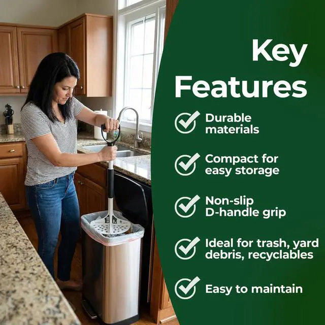 Alt view image 6 of 6 - Next Gen Manual Trash Compactor Heavy Duty Smasher Tool for Kitchen, Dumpster, Outdoor Use, Garbage Recycling, Steel Ground Tamper, Trash Can Compactor Tool, 22 x 7.5 Inches, White, D-Handle