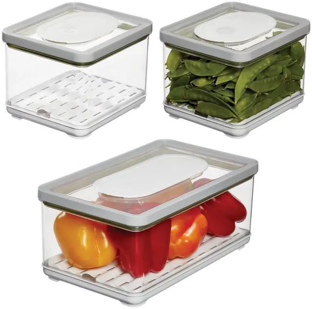 Main image of Small and Large Fridge Produce Bins with Removable Drainage Trays and Lids - Set of 3 - Gray