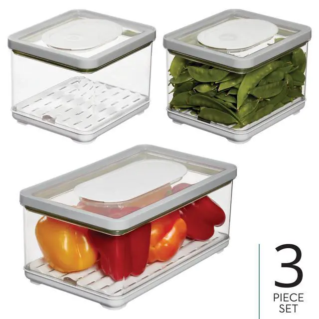 Alt view image 2 of 6 - Small and Large Fridge Produce Bins with Removable Drainage Trays and Lids - Set of 3 - Gray