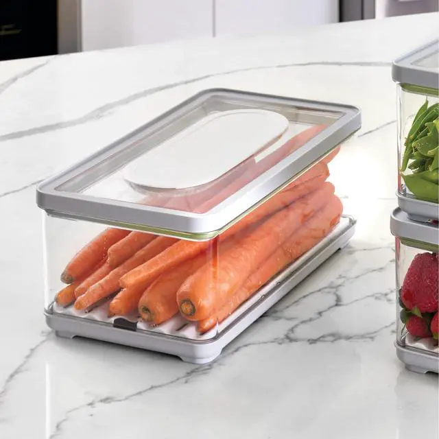 Alt view image 6 of 6 - Small and Large Fridge Produce Bins with Removable Drainage Trays and Lids - Set of 3 - Gray