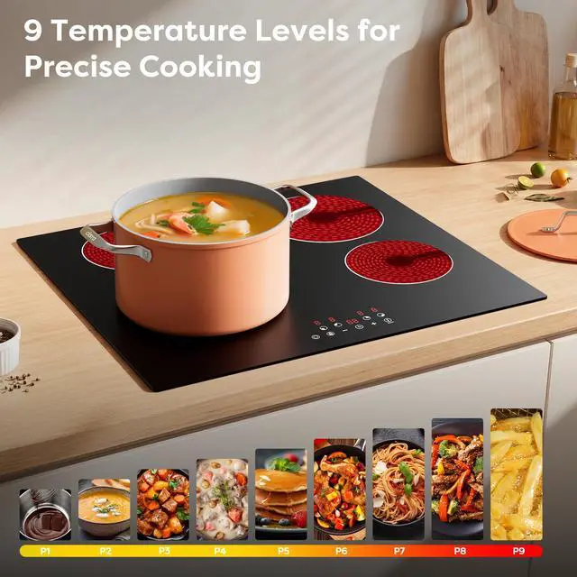 Alt view image 2 of 6 - 24 Inch Electric Cooktop 4 Burners 6400W Dual Heating Ring | Built-in Ceramic Radiant Stove Top with 9 Heat Levels & 99min Timer, 220-240V Hard Wire (No Plug), Touch Control, Child Lock