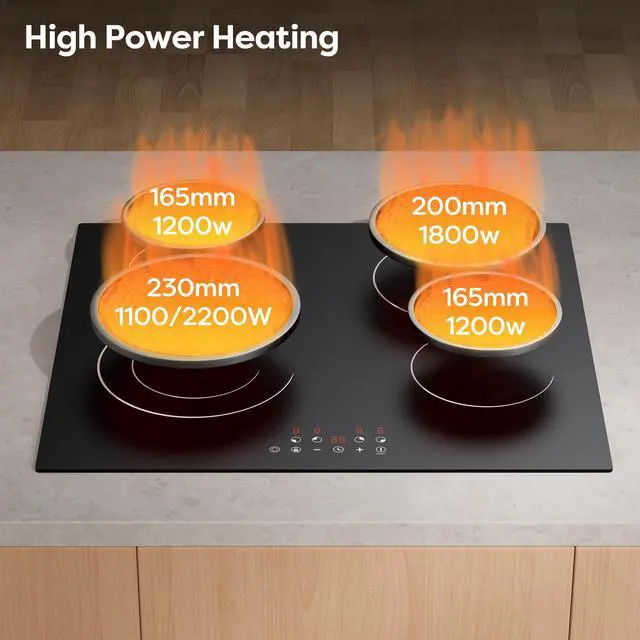 Alt view image 3 of 6 - 24 Inch Electric Cooktop 4 Burners 6400W Dual Heating Ring | Built-in Ceramic Radiant Stove Top with 9 Heat Levels & 99min Timer, 220-240V Hard Wire (No Plug), Touch Control, Child Lock