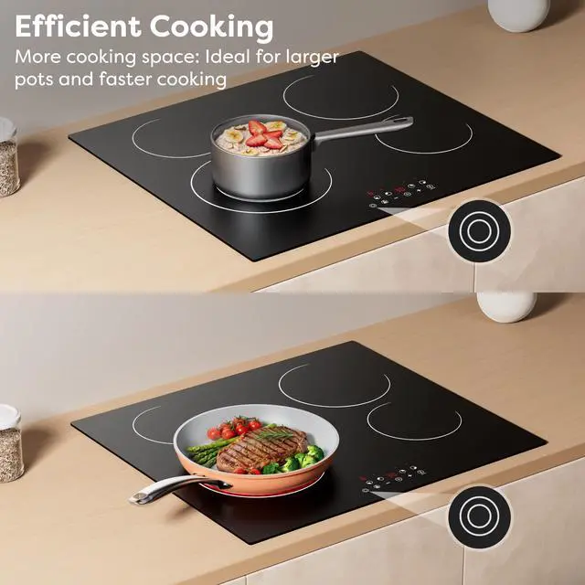 Alt view image 4 of 6 - 24 Inch Electric Cooktop 4 Burners 6400W Dual Heating Ring | Built-in Ceramic Radiant Stove Top with 9 Heat Levels & 99min Timer, 220-240V Hard Wire (No Plug), Touch Control, Child Lock