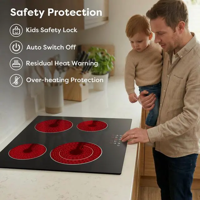 Alt view image 5 of 6 - 24 Inch Electric Cooktop 4 Burners 6400W Dual Heating Ring | Built-in Ceramic Radiant Stove Top with 9 Heat Levels & 99min Timer, 220-240V Hard Wire (No Plug), Touch Control, Child Lock