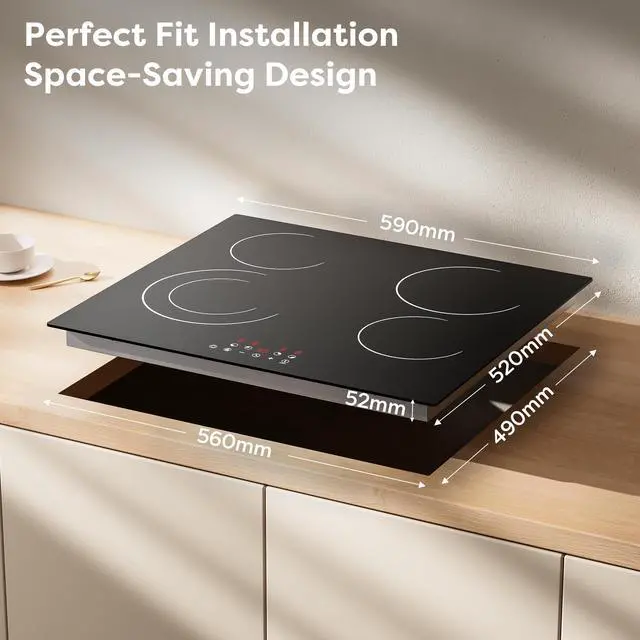 Alt view image 6 of 6 - 24 Inch Electric Cooktop 4 Burners 6400W Dual Heating Ring | Built-in Ceramic Radiant Stove Top with 9 Heat Levels & 99min Timer, 220-240V Hard Wire (No Plug), Touch Control, Child Lock