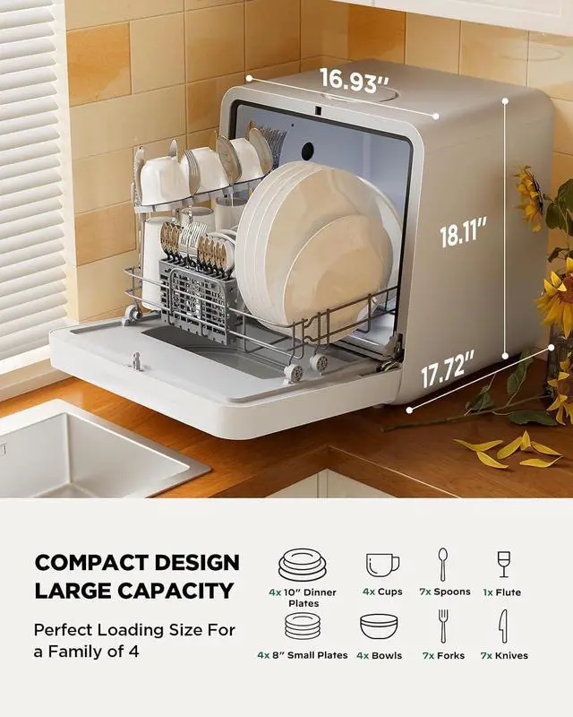 Alt view image 2 of 6 - Portable Countertop Dishwasher with App Control, Mini Dishwasher with 5L Water Tank for Apartments/RVs No Hookup Needed, Dish washer with 8 Wash Programs 4 Place Settings Auto Air Dry