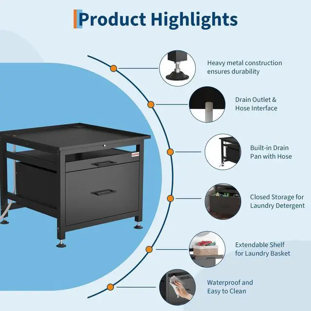 Alt view image 3 of 6 - 29" Heavy Duty Metal Washer and Dryer Pedestals with Pullout-Shelf and Drawer, Universal Fit Anti-Vibration Washer Dryer Base with Adjustable Feet, Up to 850 LBS Capacity, 29"x29''x23'', Black