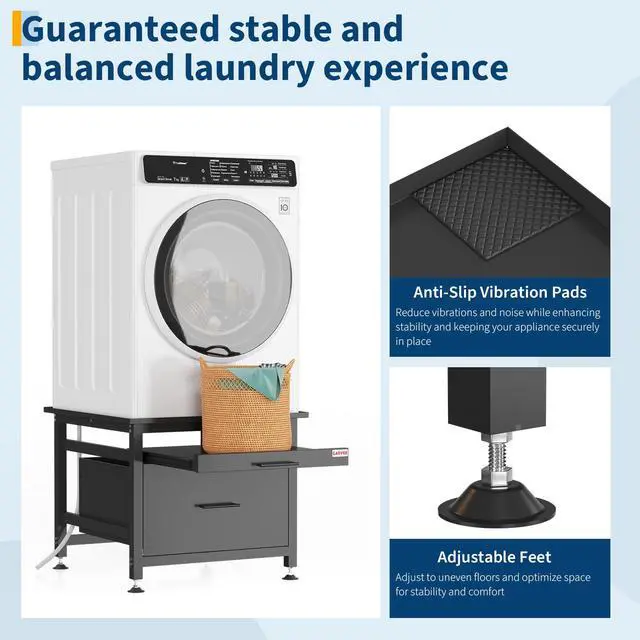 Alt view image 5 of 6 - 29" Heavy Duty Metal Washer and Dryer Pedestals with Pullout-Shelf and Drawer, Universal Fit Anti-Vibration Washer Dryer Base with Adjustable Feet, Up to 850 LBS Capacity, 29"x29''x23'', Black