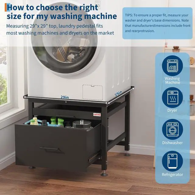 Alt view image 6 of 6 - 29" Heavy Duty Metal Washer and Dryer Pedestals with Pullout-Shelf and Drawer, Universal Fit Anti-Vibration Washer Dryer Base with Adjustable Feet, Up to 850 LBS Capacity, 29"x29''x23'', Black