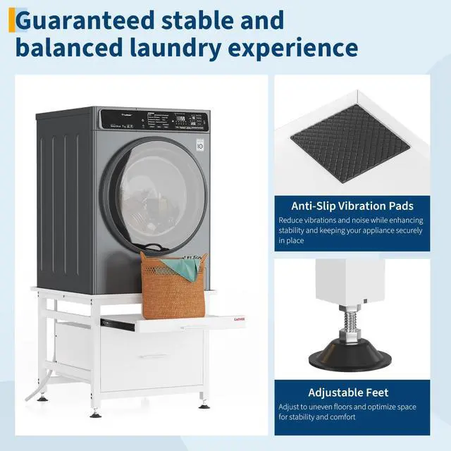 Alt view image 3 of 6 - 29" Heavy Duty Metal Washer and Dryer Pedestals with Pullout-Shelf and Drawer, Universal Fit Anti-Vibration Washer Dryer Base with Adjustable Feet, Up to 850 LBS Capacity, 29"x29''x23'', White