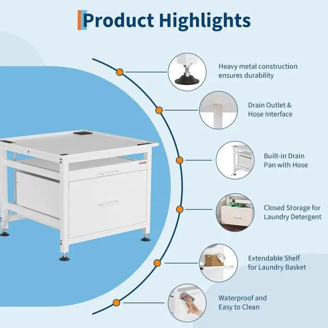 Alt view image 4 of 6 - 29" Heavy Duty Metal Washer and Dryer Pedestals with Pullout-Shelf and Drawer, Universal Fit Anti-Vibration Washer Dryer Base with Adjustable Feet, Up to 850 LBS Capacity, 29"x29''x23'', White