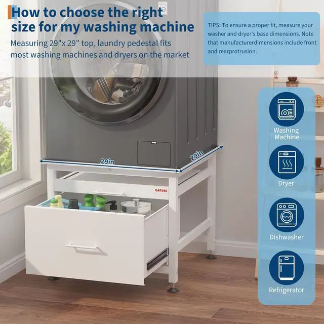 Alt view image 5 of 6 - 29" Heavy Duty Metal Washer and Dryer Pedestals with Pullout-Shelf and Drawer, Universal Fit Anti-Vibration Washer Dryer Base with Adjustable Feet, Up to 850 LBS Capacity, 29"x29''x23'', White