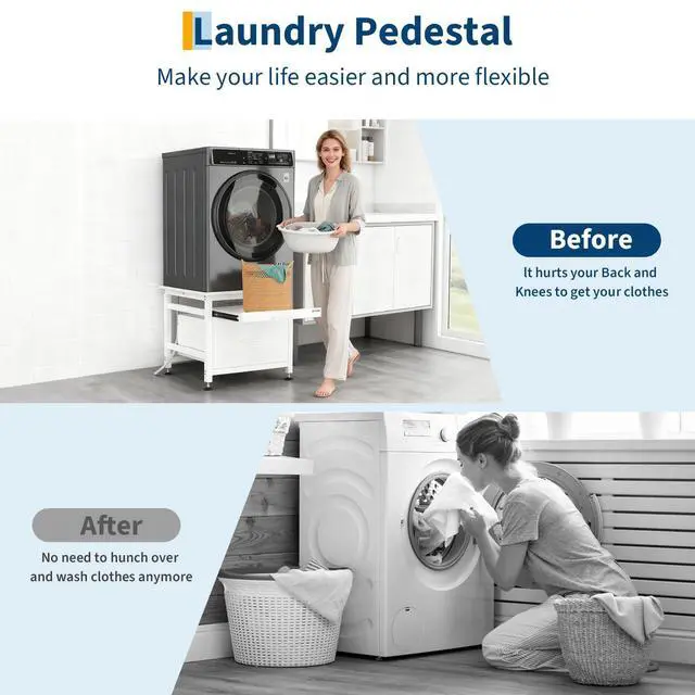 Alt view image 6 of 6 - 29" Heavy Duty Metal Washer and Dryer Pedestals with Pullout-Shelf and Drawer, Universal Fit Anti-Vibration Washer Dryer Base with Adjustable Feet, Up to 850 LBS Capacity, 29"x29''x23'', White