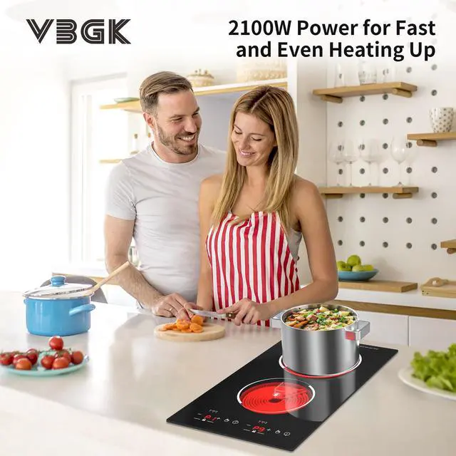 Alt view image 2 of 6 - Electric Cooktop,12 Inch Built-in Radiant Electric Stove Top,110V 2100W 2 burner cooktop With 9 Heating Level, Timer & Kid Safety Lock, Sensor Touch Control 2 burner Induction Cooktop