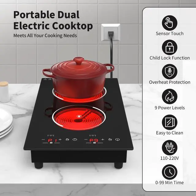 Alt view image 3 of 6 - Electric Cooktop,12 Inch Built-in Radiant Electric Stove Top,110V 2100W 2 burner cooktop With 9 Heating Level, Timer & Kid Safety Lock, Sensor Touch Control 2 burner Induction Cooktop