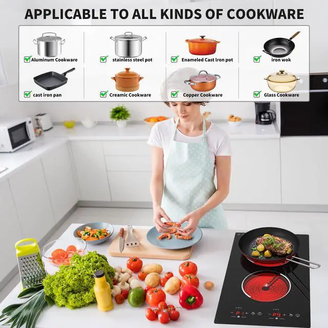 Alt view image 4 of 6 - Electric Cooktop,12 Inch Built-in Radiant Electric Stove Top,110V 2100W 2 burner cooktop With 9 Heating Level, Timer & Kid Safety Lock, Sensor Touch Control 2 burner Induction Cooktop