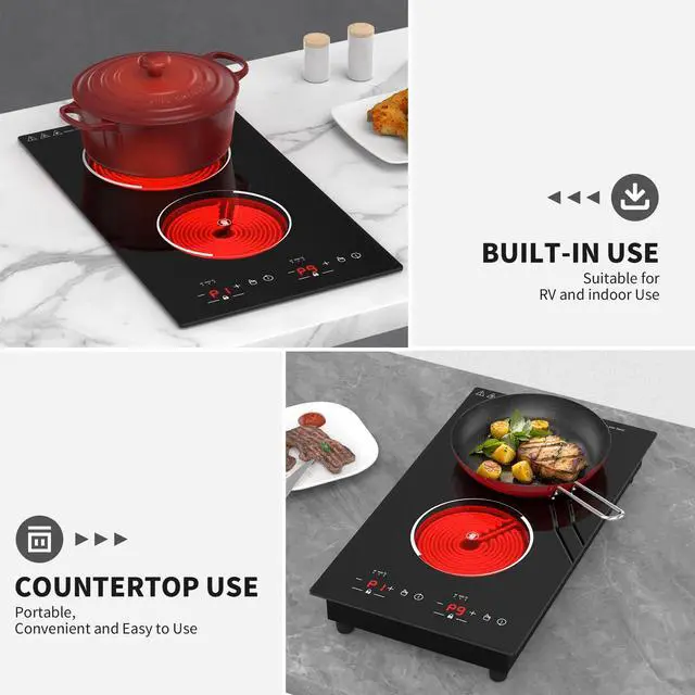 Alt view image 5 of 6 - Electric Cooktop,12 Inch Built-in Radiant Electric Stove Top,110V 2100W 2 burner cooktop With 9 Heating Level, Timer & Kid Safety Lock, Sensor Touch Control 2 burner Induction Cooktop