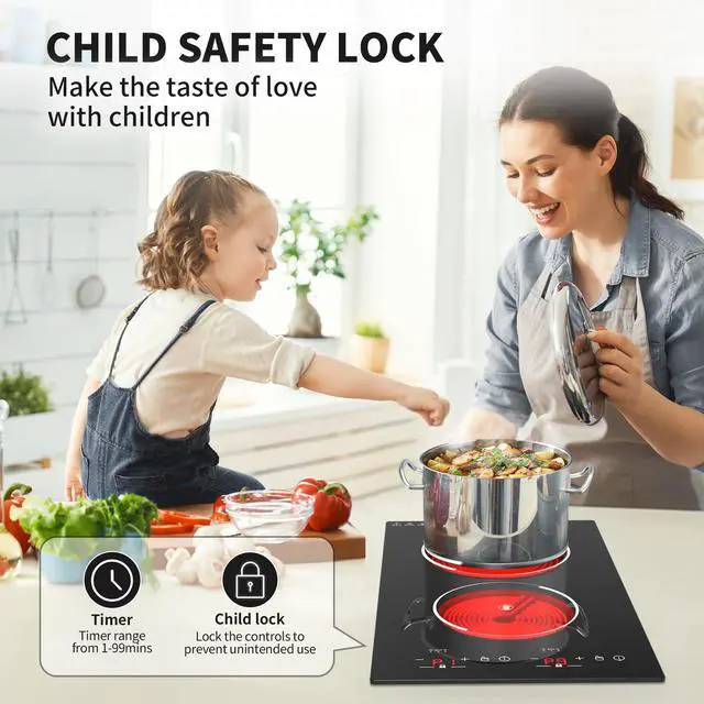 Alt view image 6 of 6 - Electric Cooktop,12 Inch Built-in Radiant Electric Stove Top,110V 2100W 2 burner cooktop With 9 Heating Level, Timer & Kid Safety Lock, Sensor Touch Control 2 burner Induction Cooktop