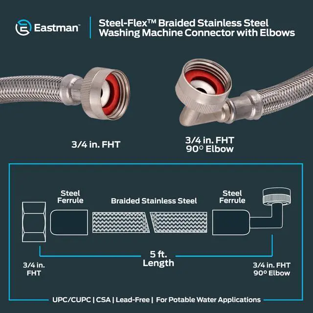 Alt view image 6 of 6 - 5 ft Washing Machine Hose Connectors with Elbows, Pack of 2, 3/4 in FHT x 3/4 in FHT, Braided Stainless Steel, 41065 (Pack of 24)