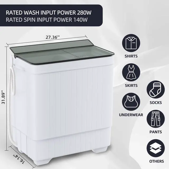 Alt view image 2 of 6 - Portable Washing Machine Twin Tub 18.7 Lbs Capacity, (14.3 Lbs) and Spinner(4.4 Lbs) Combo Mini Compact Laundry Washer for Home, Apartment, Camping, RVs and Dorms, Black/White