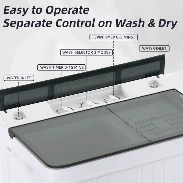 Alt view image 3 of 6 - Portable Washing Machine Twin Tub 18.7 Lbs Capacity, (14.3 Lbs) and Spinner(4.4 Lbs) Combo Mini Compact Laundry Washer for Home, Apartment, Camping, RVs and Dorms, Black/White