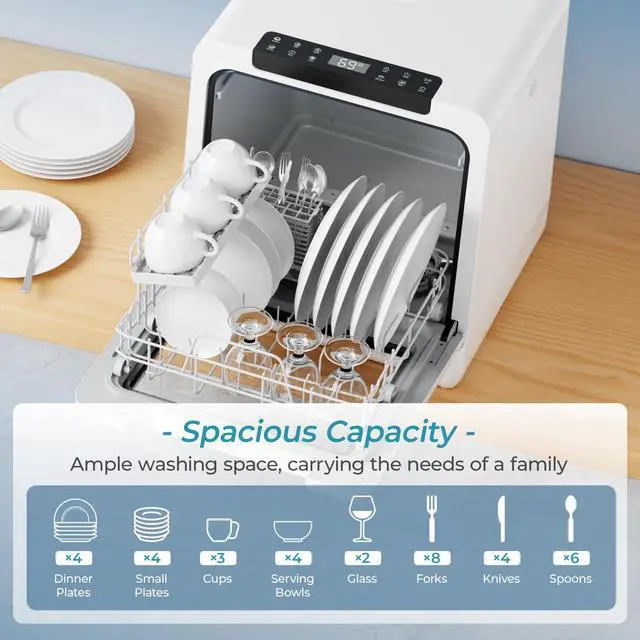 Alt view image 3 of 6 - Countertop Dishwasher Portable, 8 Programs with 5L Tank, Black, 40dB | 360° Dual Spray Arms, 29-min Quick Wash, 8-Program with Child Lock and Delay Mode, 167°F, 73h Ventilation, 40dB, Time-Saving