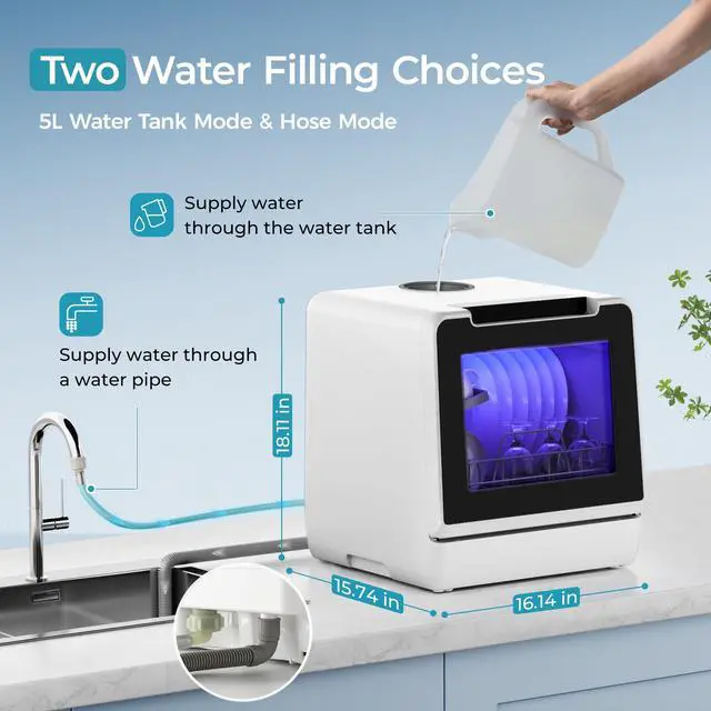 Alt view image 4 of 6 - Countertop Dishwasher Portable, 8 Programs with 5L Tank, Black, 40dB | 360° Dual Spray Arms, 29-min Quick Wash, 8-Program with Child Lock and Delay Mode, 167°F, 73h Ventilation, 40dB, Time-Saving